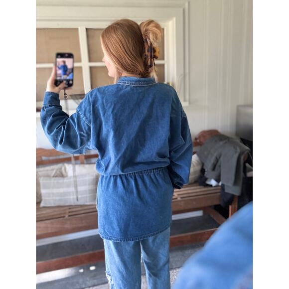 Vintage Avon Style Jean Hidden Button Adjustable Waist Duster Coat Women's Large - Picture 7 of 9